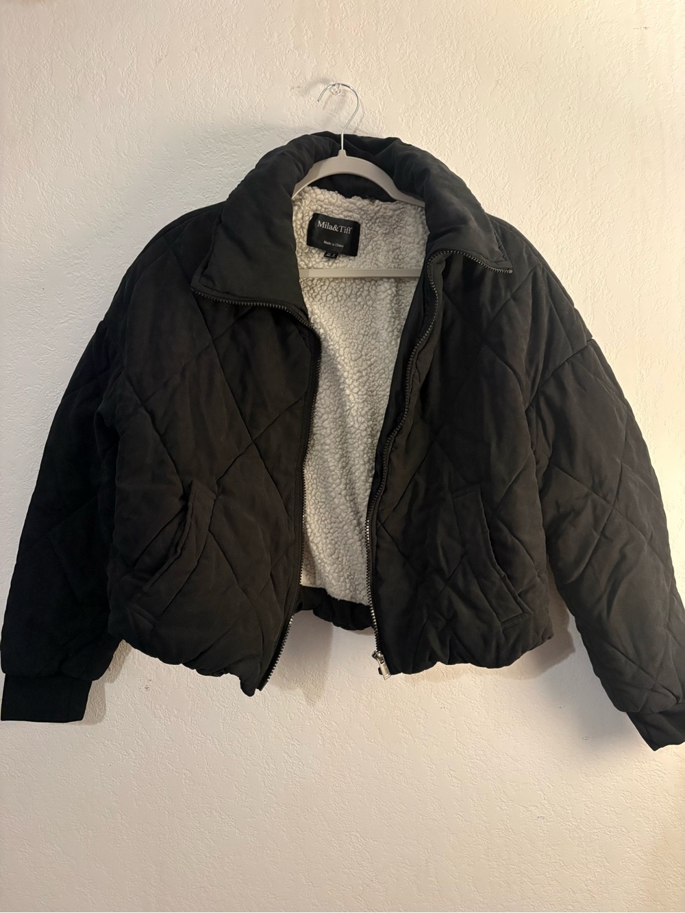 Black Quilted Sherpa-Lined Puffer Jacket